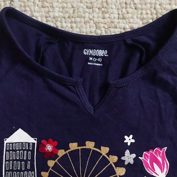 Gymboree Navy Blue London bridge Red Bus Sparkly Sequined Shirt Top Girls 7 8 - Picture 2 of 8